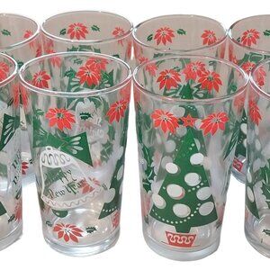 Set Of 8 Vintage Holiday Glasses With Festive Christmas Tree & Poinsettia Design